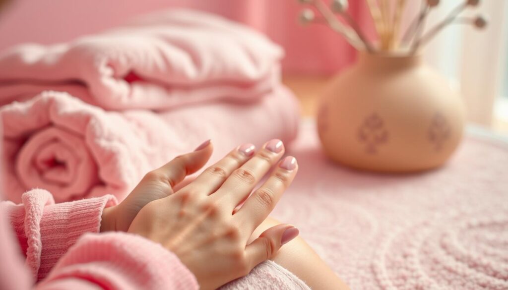 A tranquil pink-hued scene captures the essence of self-care. In the foreground, a woman's hands are delicately manicured, nails painted a soft rose shade. Gentle lighting illuminates the scene, creating a serene and comforting atmosphere. The background features soothing pastel-colored textures, such as plush towels or a zen-inspired rug, conveying a sense of relaxation and pampering. The overall composition evokes a moment of indulgence and self-care, where the focus is on the simple pleasure of caring for one's nails and hands. The image is captured through a warm, soft-focus lens, emphasizing the intimate and personal nature of this self-care ritual.