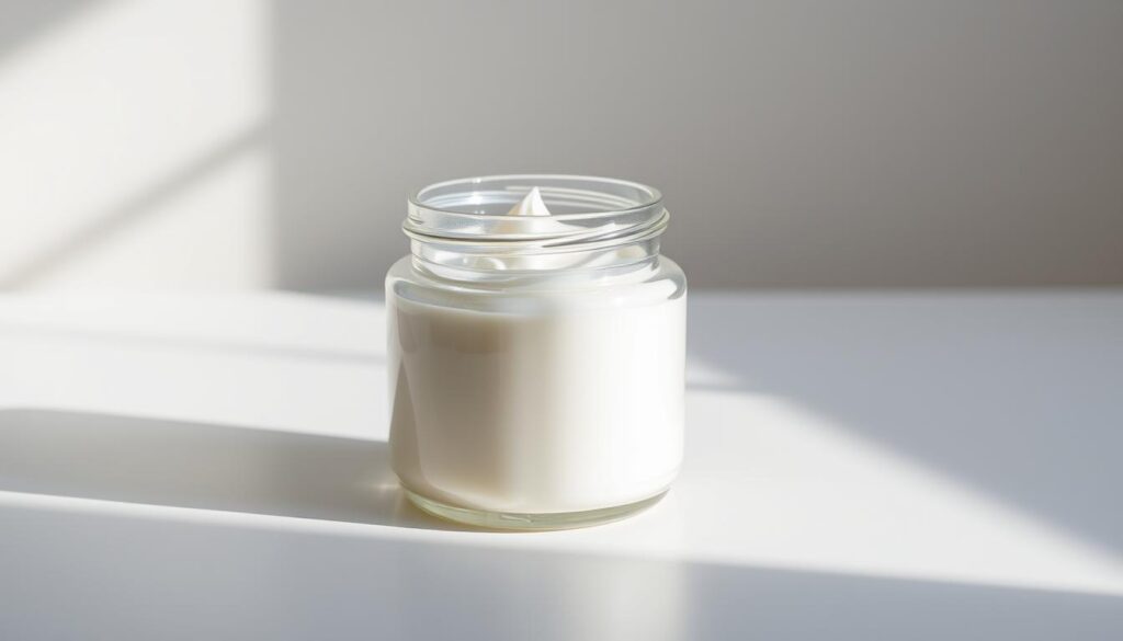 A transparent glass jar filled with a thick, creamy white substance, resting on a clean, minimalist table. The jar is illuminated by soft, diffused natural light, casting gentle shadows that accentuate the texture and consistency of the numbing cream. The background is a simple, neutral color, allowing the product to take center stage. The overall composition is clean, focused, and invites the viewer to consider the purpose and properties of this specialized topical anesthetic, commonly used by tattoo artists to provide pain relief during the tattooing process.
