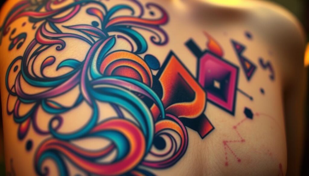 A vibrant abstract tattoo design with intricate, swirling patterns and bold geometric shapes. The foreground features a captivating array of fluid, intertwining lines in a vivid color palette, ranging from deep blues and purples to fiery oranges and reds. The middle ground showcases dynamic, angular shapes that create a sense of depth and movement, while the background is filled with a mesmerizing gradient of soft, ethereal hues. The lighting is warm and atmospheric, casting a gentle glow that enhances the organic, artistic quality of the design. Captured with a wide-angle lens, the composition showcases the bold, expressive nature of this abstract tattoo, making it a perfect fit for the "Abstract Tattoos: For the Artsy Women" section.