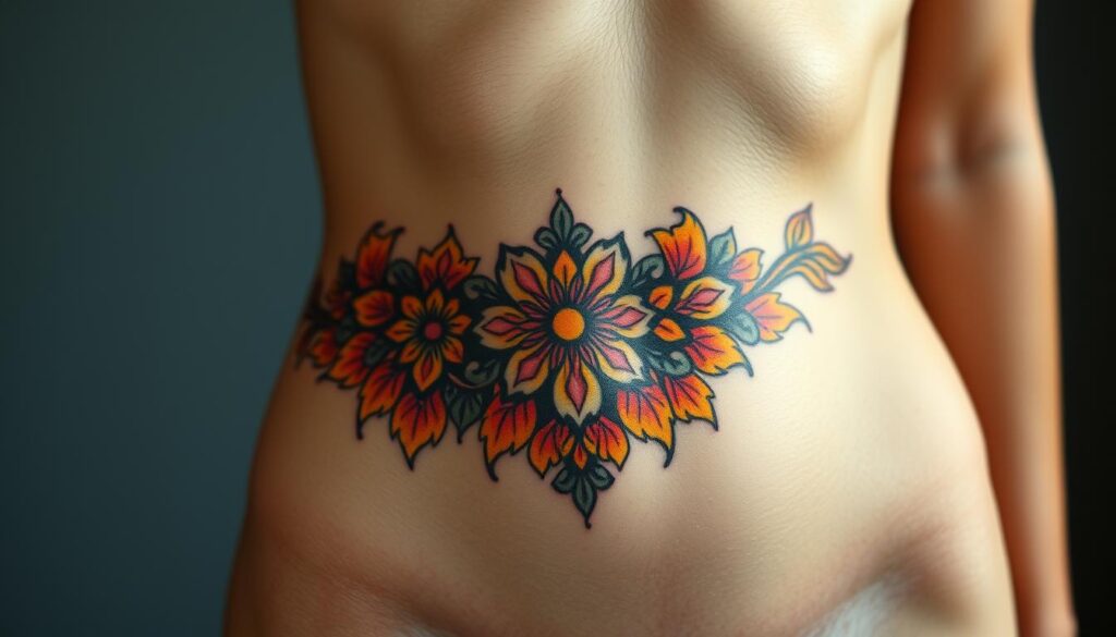 A vibrant and harmonious tattoo design covers the tummy tuck scar on a female figure's abdomen. The intricate pattern features a mesmerizing blend of warm hues, including rich oranges, deep reds, and vibrant yellows, with accents of deep blues and greens. The tattoo's composition creates a visually striking and cohesive design that seamlessly integrates with the contours of the skin, drawing the eye and creating a sense of balance and artistry. The lighting is soft and diffused, highlighting the depth and vibrancy of the tattoo's colors, while the camera angle captures the design in a flattering, three-quarter view that showcases its elegant and thoughtful placement.