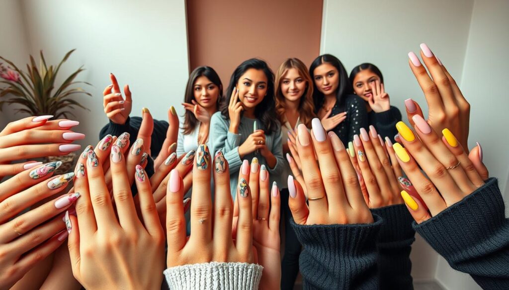 A vibrant and stylized composition showcasing the latest nail art trends. In the foreground, a diverse array of meticulously manicured hands display an array of eye-catching designs - from elaborate floral patterns to geometric shapes in pastel shades, all executed with a deft and artistic touch. The middle ground features influencers and nail artists posing, their nails the focal point, captured in a soft, flattering lighting that accentuates the intricate details. The background depicts a minimalist, yet chic studio setting, with clean lines and muted tones that allow the nails to take center stage. The overall mood is one of inspiration, creativity, and the ever-evolving nature of this dynamic beauty trend.