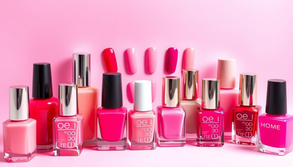 A vibrant and trendy assortment of pink nail polish bottles and swatches, beautifully arranged against a soft, pastel-colored background. The bottles are positioned in the foreground, showcasing a variety of pink hues from delicate rose to bold magenta. In the middle ground, several nail polish swatches are displayed, allowing the viewer to appreciate the nuances and undertones of each shade. The lighting is soft and diffused, creating a warm, inviting atmosphere that enhances the feminine and elegant aesthetic. The overall composition is balanced, drawing the eye to the array of pink nail colors and evoking a sense of style and sophistication.
