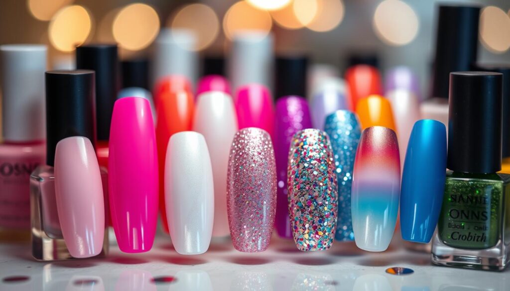 A vibrant and visually striking arrangement of various SNS nail colors, showcasing the current trends in this popular nail art technique. The nails are displayed in the foreground, with a soft, diffused lighting that accentuates the shimmering and pearlescent finishes of the nail polishes. The middle ground features a blurred, out-of-focus background, creating a sense of depth and focus on the nails. The colors range from classic pink and white tones to more bold and adventurous hues, such as metallic, glitter, and ombre effects, demonstrating the versatility and creativity of SNS nail art. The overall mood is one of elegance, sophistication, and a touch of playfulness, capturing the essence of the current trends in this dynamic and expressive art form.