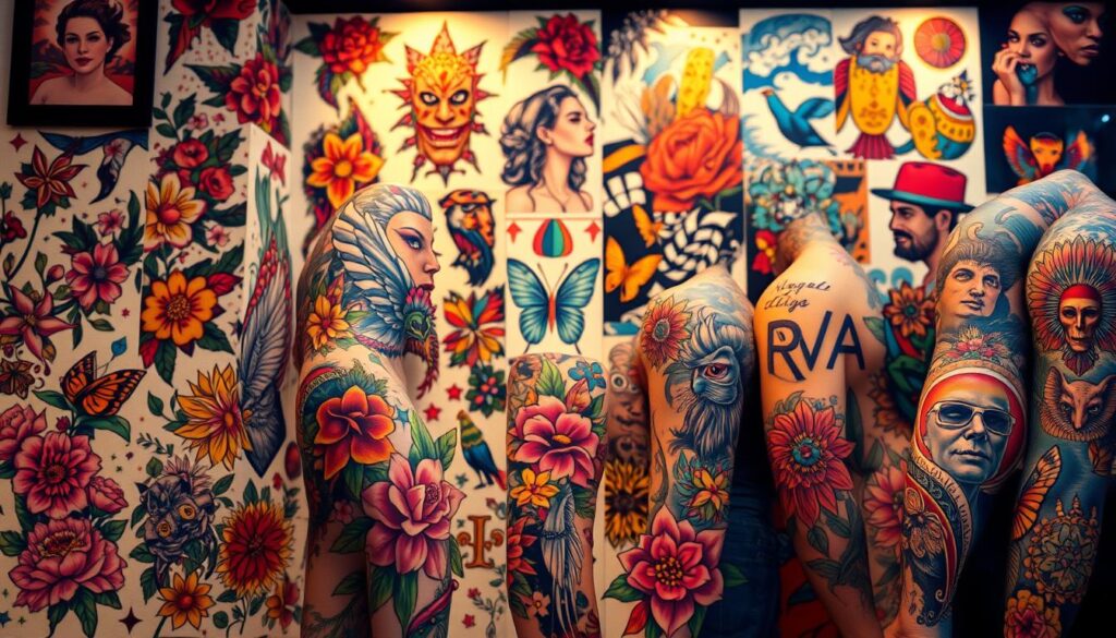 A vibrant array of colorful tattoo designs, rendered with expert precision and artistic flair. The foreground showcases an eclectic mix of intricate floral motifs, geometric patterns, and whimsical illustrations, each one a masterpiece of pigmentation and linework. The middle ground features a diverse selection of bold, statement-making tattoos, ranging from abstract compositions to realist portraits, all bathed in a warm, ambient lighting that accentuates the depth and vibrancy of the colors. In the background, a soft, dreamlike blur sets the stage, hinting at the endless possibilities for self-expression through the art of tattooing.