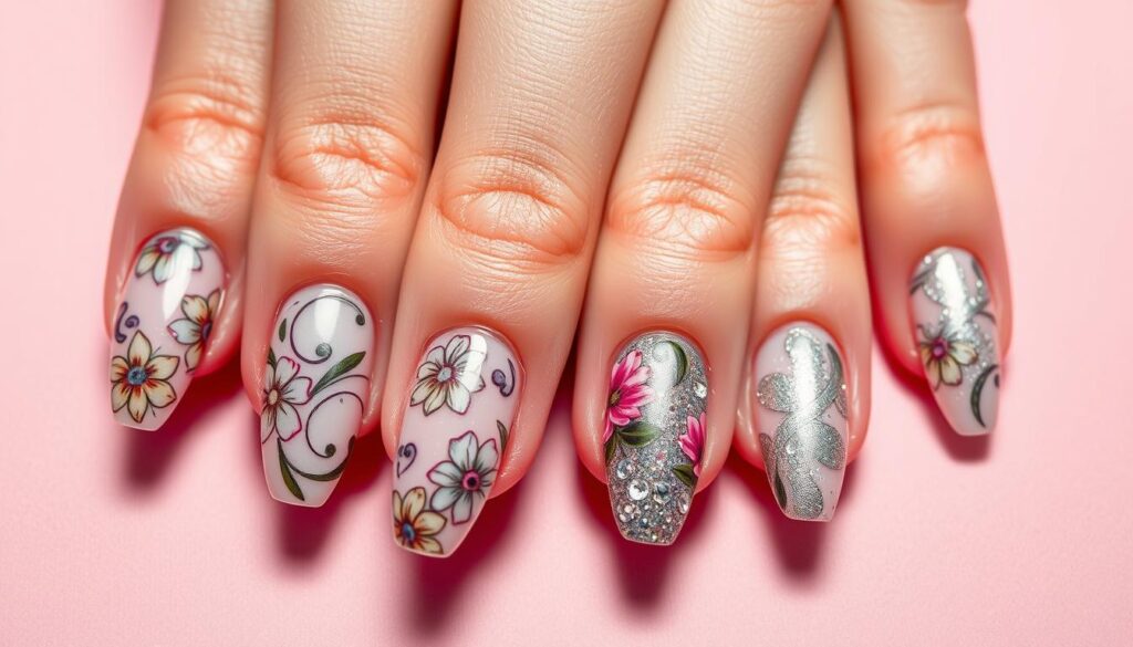A vibrant array of intricate nail art designs, showcasing an explosion of creativity and self-expression. Delicate patterns of flowers, abstract swirls, and shimmering metallic accents adorn the nails, each one a work of art. The nails are presented against a soft, pastel pink background, creating a serene and calming atmosphere. Dramatic lighting casts shadows and highlights the dimensional textures, while a shallow depth of field draws the viewer's attention to the captivating details. This image embodies the "Nail Art Revolution" and how it has transformed the way we approach personal style and self-care.