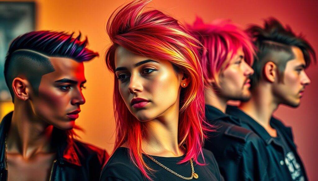 A vibrant array of modern mullet hairstyles, showcasing diverse variations and personalities. In the foreground, a sleek, edgy mullet with sharp lines and an asymmetric fade, complemented by a bold, neon-tinged color palette. In the middle ground, a softer, wavy mullet with a subtle gradient, exuding a retro-inspired, rock-and-roll aesthetic. In the background, a more textured, shaggy mullet with a textured, disheveled finish, radiating a carefree, alternative vibe. Captured under warm, diffused lighting, with a shallow depth of field, emphasizing the distinct visual characteristics of each unique mullet style.
