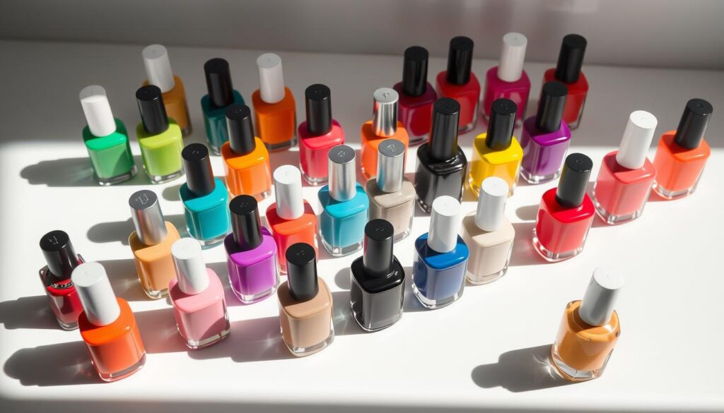 A vibrant array of nail polish bottles, each a unique color and shade, artfully arranged on a minimalist white background. The bottles are illuminated by soft, natural lighting, casting subtle shadows that add depth and dimension to the scene. The nail polish colors range from bold, eye-catching hues to delicate, muted tones, symbolizing the diverse personal styles and self-expression of the viewer. The overall composition is clean, modern, and visually striking, inviting the viewer to explore the emotional and psychological significance of these color choices.