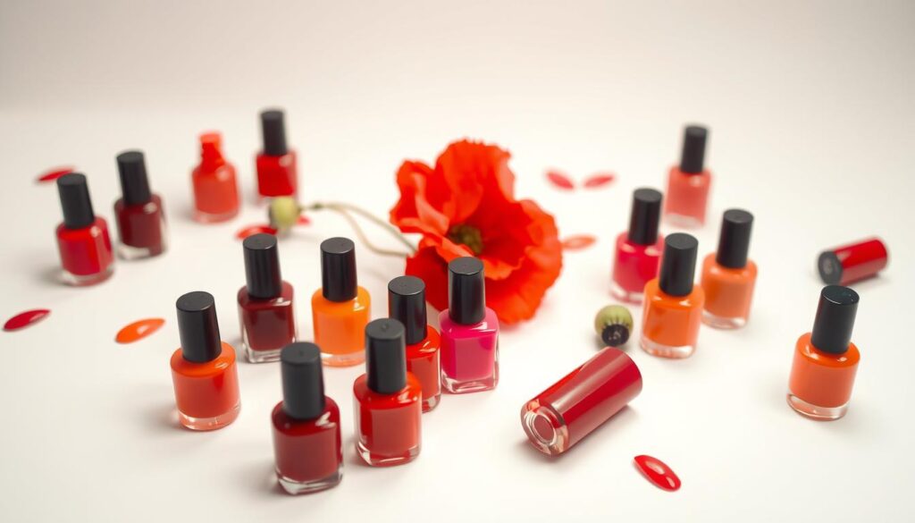 A vibrant array of poppy-inspired nail polish colors spreads across a clean, white background. In the foreground, an assortment of bottles in various shades of red, orange, and pink are artfully arranged, their glossy surfaces catching the light. The middle ground features a few delicate poppy flowers, their petals gently unfurling to reveal the rich, saturated hues that inspired this color palette. The background is softly blurred, allowing the nail polish selection to take center stage. The overall composition has a sense of balance and harmony, showcasing the captivating beauty of these poppy-inspired nail colors.