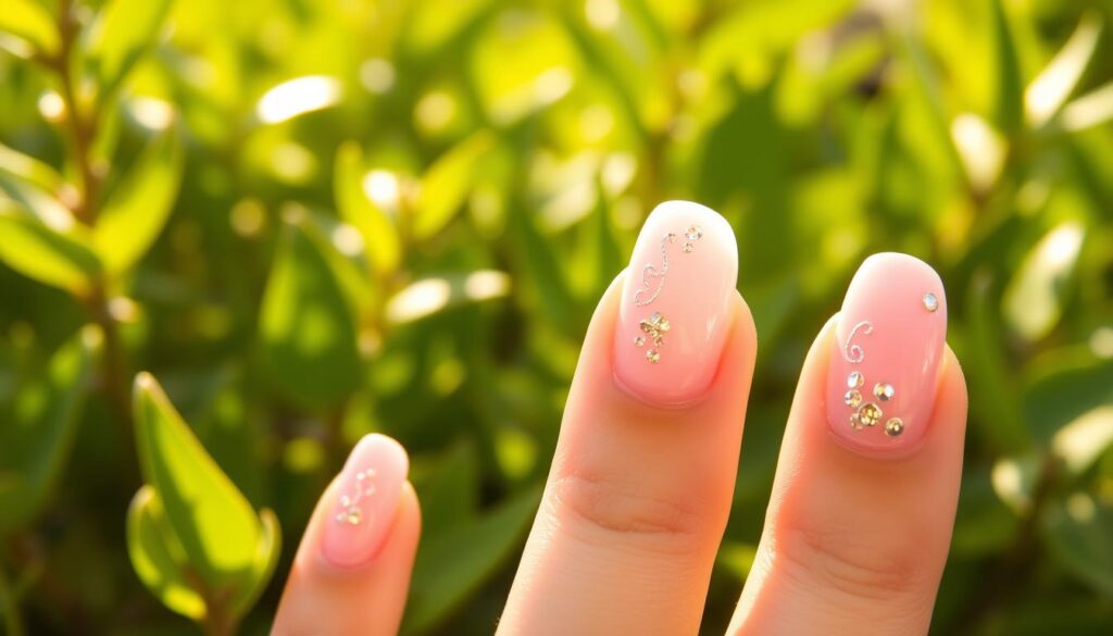 A vibrant array of summertime nail designs, featuring an almond-shaped canvas adorned with a delicate pink French tip. The nails are set against a backdrop of lush greenery, hinting at a serene outdoor scene bathed in warm, golden sunlight. Subtle shimmering accents catch the light, adding a touch of whimsical elegance. The composition is framed with a shallow depth of field, drawing the viewer's attention to the intricate details of the nail art. This seasonal variation on the classic pink French tip exudes a fresh, carefree spirit, perfectly complementing the article's exploration of trendy nail styles.