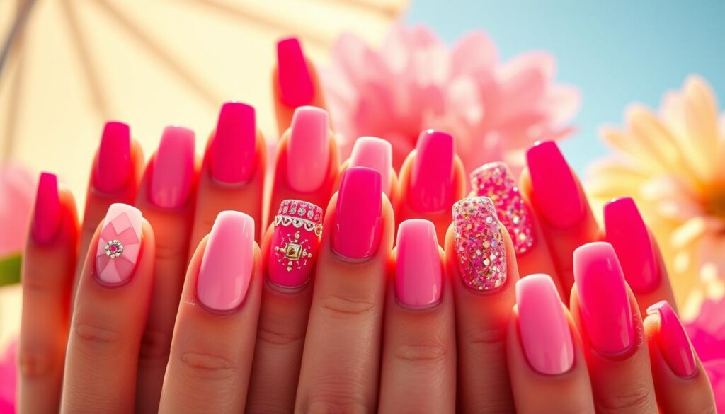 A vibrant assortment of summer hot pink nail designs, captured in a crisp, high-resolution close-up. In the foreground, an array of meticulously manicured nails, each showcasing a unique pattern or embellishment - geometric shapes, delicate floral motifs, and shimmering glitter accents. The middle ground features a range of complementary nail polish shades, from soft pastels to bold neon hues, highlighting the versatility of the hot pink trend. The background is a warm, sun-drenched setting, evoking the carefree spirit of the summer season. Dramatic lighting casts dynamic shadows, accentuating the depth and texture of the nail art. The overall composition exudes a sense of international style and glamour, inspiring viewers to embrace the vibrant and playful spirit of summer hot pink nail designs.
