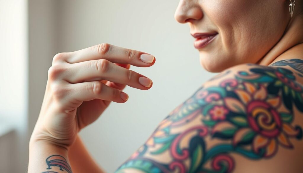 A vibrant close-up of a person's hand delicately applying moisturizer to a colorful sleeve tattoo. The tattoo features intricate designs in a rainbow of hues, the skin freshly inked and glowing. Soft, diffused lighting illuminates the scene, highlighting the intricate linework and vibrant pigments. The background is blurred, placing the focus entirely on the careful maintenance routine. The model's expression conveys a sense of relaxation and care, emphasizing the importance of proper tattoo upkeep for preserving the tattoo's vibrant appearance over time.