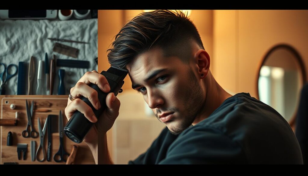 A vibrant collage of a DIY haircut journey, captured through a cinematic lens. In the foreground, a person intently focuses on trimming their hair with professional-grade clippers, their expression one of determination. The middle ground reveals a neatly laid-out selection of grooming tools - scissors, combs, and a well-worn mirror - evoking the intimate DIY experience. The background showcases a warm, softly-lit bathroom setting, complete with natural textures and muted colors, creating a serene, contemplative atmosphere. Dramatic shadows and highlights accentuate the subject's features, while a shallow depth of field draws the viewer's attention to the central act of self-transformation. This image encapsulates the personal, hands-on nature of a DIY clipper cut journey.