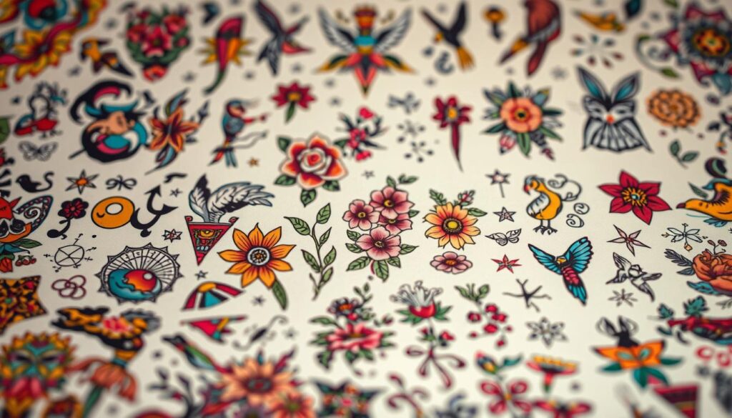 A vibrant collage of colorful tattoo designs, showcasing a diverse array of artistic styles and themes. The foreground features a captivating mix of intricate line work, bold patterns, and vivid hues, with motifs ranging from nature-inspired elements to abstract geometrical shapes. The middle ground presents a selection of delicate floral arrangements, complemented by whimsical animal figures and symbolic icons. In the background, a soft, ethereal gradient sets the stage, evoking a sense of tranquility and creative inspiration. The image is captured with a shallow depth of field, drawing the viewer's attention to the intricate details and inviting exploration of the diverse tattoo possibilities. Soft, diffused lighting creates a warm, inviting atmosphere, highlighting the vibrant colors and textures of the designs.