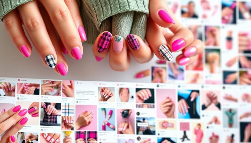 A vibrant collage of trendy pink plaid nail art designs, meticulously curated from Instagram and Pinterest. The foreground features a close-up of expertly manicured hands displaying a variety of playful patterns, from classic tartan to modern color-blocked designs. The middle ground showcases an array of social media posts, each highlighting unique nail art inspiration, captured in soft, natural lighting. The background fades into a blurred, pastel-toned grid of additional nail art images, creating a visually engaging and aspirational composition that captures the essence of the "Finding Inspiration from Social Media" section.