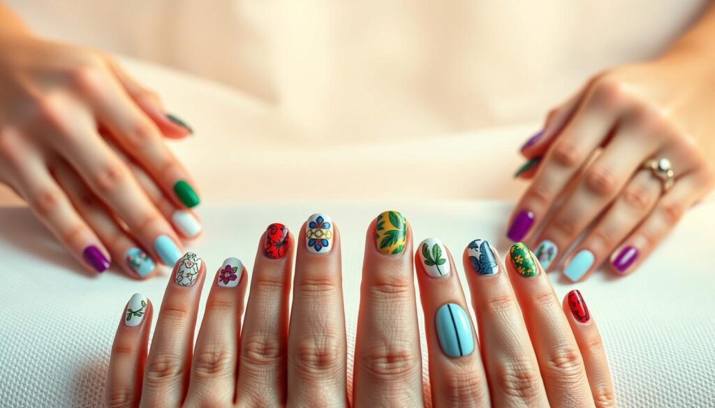 A vibrant collection of intricate nail art designs against a soft, diffused backdrop. In the foreground, an array of meticulously crafted nails showcasing a variety of techniques - from delicate floral patterns to bold geometric shapes, all rendered in a captivating palette of colors. The middle ground features a subtle, textured surface, allowing the nails to take center stage. The lighting is soft and flattering, creating a warm, inviting atmosphere that highlights the intricate details and the natural beauty of the hands. Captured from a slightly elevated angle, the composition draws the viewer's eye to the exquisite nail art, inviting them to explore the endless possibilities for self-expression through this creative medium.