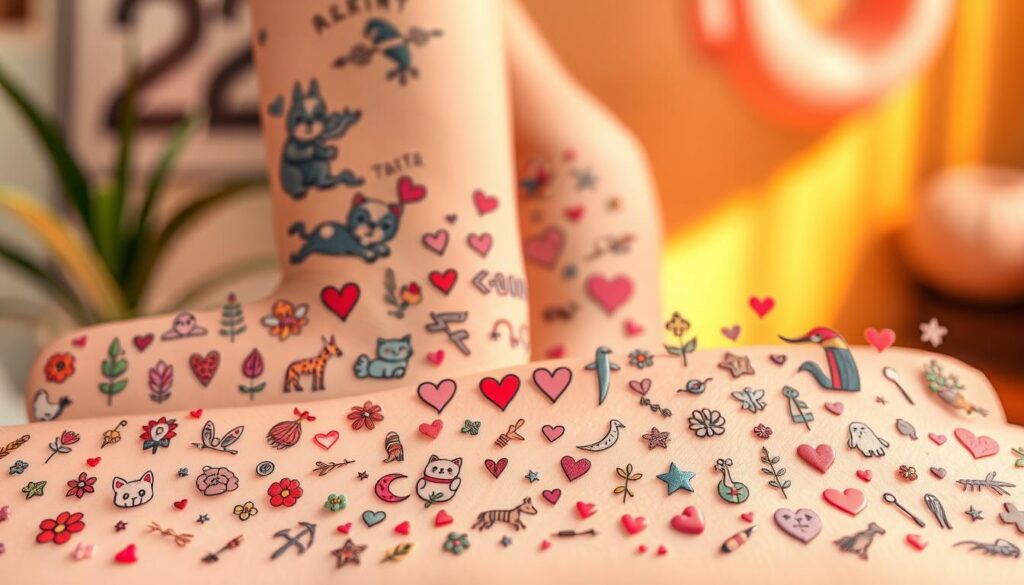 A vibrant collection of playful and whimsical tattoo designs, arranged in a dynamic composition. In the foreground, a delightful assortment of small, intricate tattoos featuring cute animals, floral motifs, and abstract shapes, rendered in a soft, pastel color palette. In the middle ground, a mix of bolder, more stylized tattoos with a touch of playfulness, like tiny hearts, stars, and crescent moons. The background features a warm, softly lit environment, hinting at the positive, carefree mood of the design. The overall impression is one of youthful energy, creativity, and a sense of joyful self-expression.