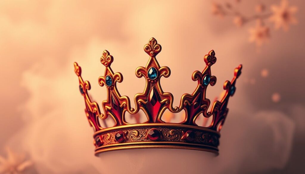 A vibrant crown tattoo design set against a soft, ethereal background. In the foreground, a detailed crown motif in a bold, regal color palette - perhaps deep crimson, rich gold, and shimmering sapphire. The crown's intricate filigree and gemstone details capture the eye, exuding a sense of elegance and power. In the middle ground, a delicate, mist-like backdrop creates an otherworldly, dreamlike atmosphere, with subtle hints of a cloudy sky or softly blurred floral elements. The overall lighting is warm and romantic, casting a gentle glow that enhances the crown's radiance. The composition is balanced and visually striking, drawing the viewer's attention to the central tattoo design.