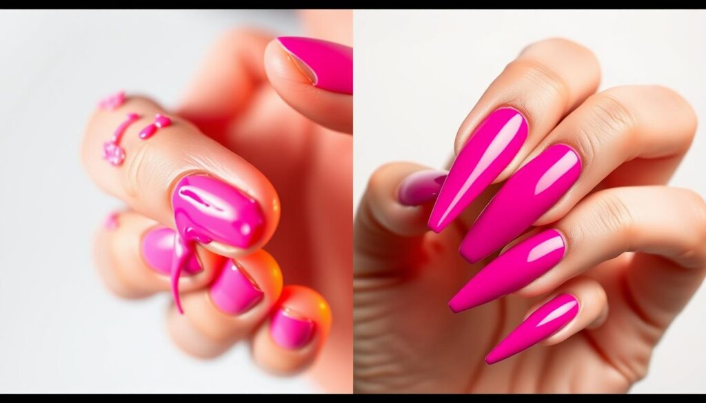 A vibrant, detailed split-screen image showcasing the contrast between DIY nail art and professional nail application. On the left, a close-up of a hand with sloppy, uneven nail polish in varying shades of pink. Messy, with visible brush strokes and drips. On the right, an expertly manicured hand with sleek, glossy stiletto nails in a flawless, deep fuchsia hue. Crisp lines, perfect symmetry, and a mirror-like finish. Soft, warm lighting illuminates both scenes, creating depth and dimension. The background fades to a clean, white studio setting, allowing the nails to be the focal point. The overall composition emphasizes the stark difference in quality and precision between DIY and professional nail treatments.