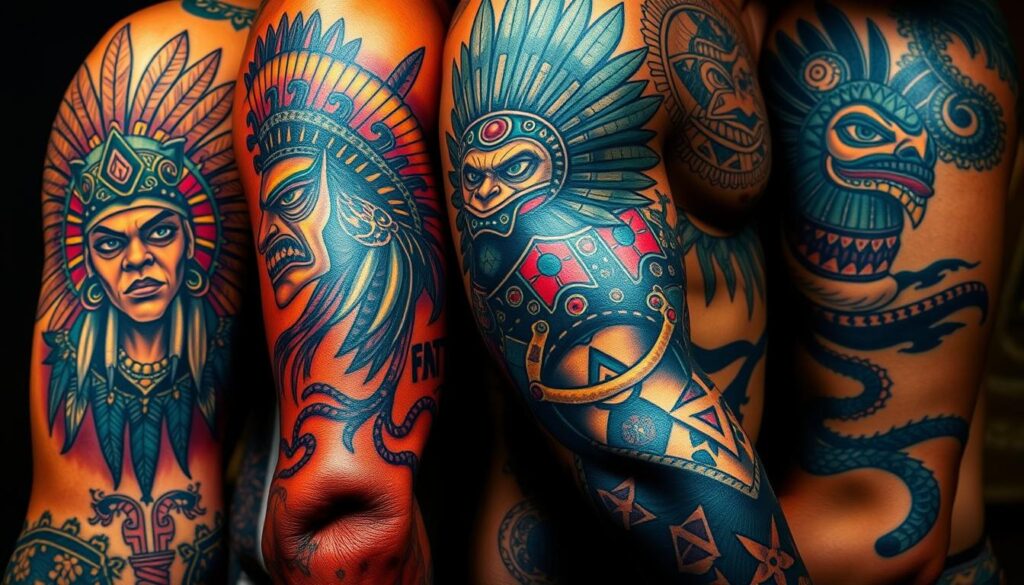 A vibrant display of Aztec deities adorning the skin, captured in vivid detail. Intricate tattoo designs featuring the powerful figures of the Aztec pantheon - Huitzilopochtli, the sun god, Quetzalcoatl, the feathered serpent, and Tlaloc, the rain god, among others. The figures are rendered with striking realism, their features and symbols rendered with meticulous precision. The artwork is set against a backdrop of warm, earthy tones, evoking the rich cultural heritage of the Aztec civilization. Dramatic lighting casts dramatic shadows, emphasizing the depth and texture of the tattoos. The overall composition conveys a sense of reverence and mysticism, befitting the sacred nature of these divine representations.