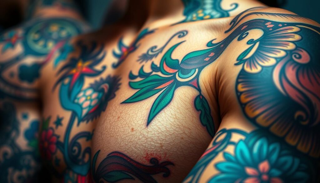 A vibrant display of colorful tattoos adorning a person's body, captured in a close-up, high-resolution photograph. The tattoos feature a dynamic blend of intricate patterns, bold lines, and a vibrant palette of hues including blues, greens, reds, and yellows. The skin tone provides a natural canvas, creating a striking contrast. The lighting is soft and diffused, highlighting the depth and texture of the tattoos. The camera angle is slightly elevated, offering a detailed, intimate perspective that showcases the beauty and artistry of the body art. The overall mood is one of captivating visual interest, inviting the viewer to appreciate the unique expression of personal style and creativity.