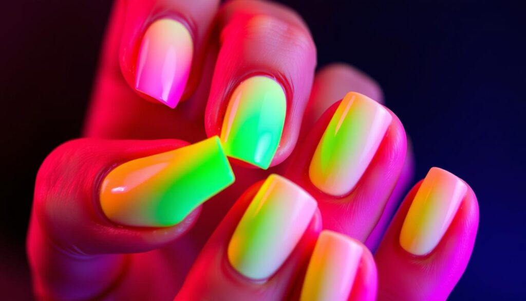 A vibrant display of neon nail colors, captured in a striking close-up shot. The nails are painted in a bold palette of neon pink and neon green, creating a mesmerizing contrast that immediately commands attention. The lighting is soft and diffused, creating a subtle glow that highlights the rich, saturated hues. The nails are carefully manicured, with a high-gloss finish that adds to the overall sense of visual impact. The composition places the nails front and center, filling the frame and creating a sense of immediacy and intimacy. The background is blurred, allowing the nails to take center stage and showcase their captivating, eye-catching appearance.
