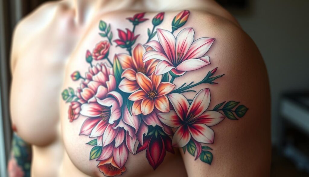 A vibrant floral tattoo design showcasing a lush bouquet of blooming flowers, meticulously rendered in a highly detailed, photorealistic style. The focal point is a stunning arrangement of colorful petals, including captivating peonies, delicate cherry blossoms, and elegant lilies, captured in a dynamic, organic composition that flows across the skin. The tattoo is depicted with a soft, natural lighting that accentuates the depth and texture of the petals, creating a sense of depth and dimensionality. The overall mood is one of beauty, elegance, and refined masculinity, perfectly suited for the daring male who seeks to express his individuality through a timeless, botanical-inspired body art.