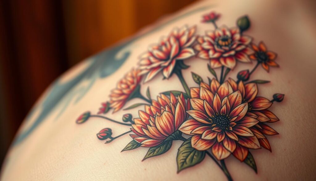 A vibrant, intricate tattoo design featuring a collection of unique, exquisitely detailed flowers in the foreground. The flowers are rendered with striking realism, their petals delicately layered and textured, capturing the natural beauty and complexity of the blooms. The design is set against a softly blurred, atmospheric background, allowing the floral elements to take center stage. Warm, directional lighting casts subtle shadows, enhancing the depth and dimensionality of the tattoo. The overall composition is balanced and visually captivating, showcasing the potential for striking, one-of-a-kind flower tattoos.