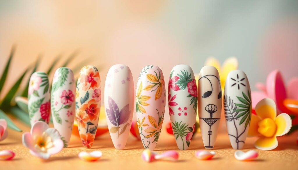 A vibrant still life showcasing an array of summer-inspired nail art designs. The foreground features an assortment of stiletto-shaped nails in various pastel hues, adorned with intricate floral patterns, tropical motifs, and geometric designs. The middle ground captures the nail art in close-up, highlighting the delicate brushwork and attention to detail. The background blends a soft, diffused lighting with a gradient of warm, summery tones, creating a serene and inviting atmosphere. Captured with a sharp, high-resolution lens, the image conveys the effortless elegance and creativity of these DIY nail art ideas.