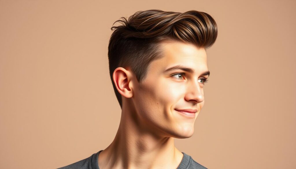 A vibrant, youthful man with a classic sixties-style mod haircut, featuring a sharply-defined short back and sides with a longer, sleek pompadour-inspired top. The lighting is soft and flattering, capturing the effortless cool and style of the era. The subject is posed confidently, gazing off to the side with a slightly mischievous expression, conveying the rebellious spirit of the mod subculture. The background is a subtly-textured, neutral tone that allows the subject's hairstyle and facial features to take center stage. Overall, the image evokes the timeless charm and enduring influence of the iconic mod aesthetic.
