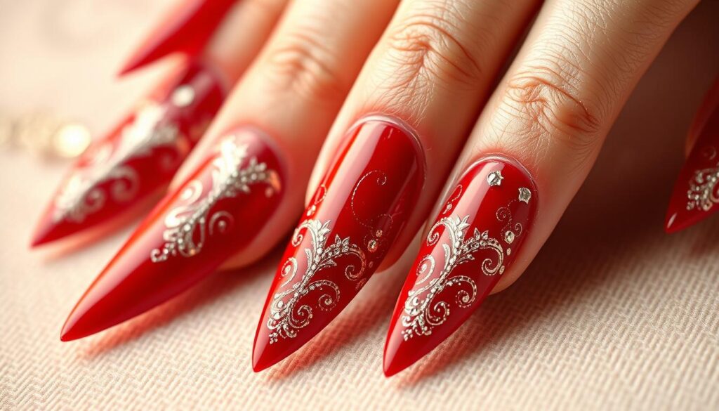 A visually striking close-up shot of red stiletto nails adorned with intricate nail art designs. The nails are perfectly manicured, with a glossy cherry red polish that gleams under the warm, directional lighting. Delicate swirling patterns, glittering embellishments, and delicate floral motifs are elegantly etched onto the nails, creating a captivating and luxurious aesthetic. The nails are displayed against a soft, neutral background that allows the vibrant red and ornate nail art to take center stage, elevating the overall scene and evoking a sense of high fashion and refined style.