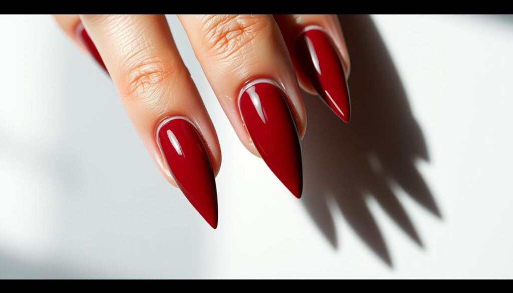 A visually striking stiletto nail design, featuring a sleek, elongated shape with a sharp, tapered tip. The nails are painted in a glossy, deep crimson hue, accentuating the elegant, sophisticated silhouette. Lighting from the side casts dramatic shadows, highlighting the contours and creating an air of mystery and allure. The nails are captured in a close-up, high-resolution shot, allowing the viewer to appreciate the intricate details and textures of the design. The background is a soft, out-of-focus blur, keeping the focus firmly on the captivating stiletto nails.