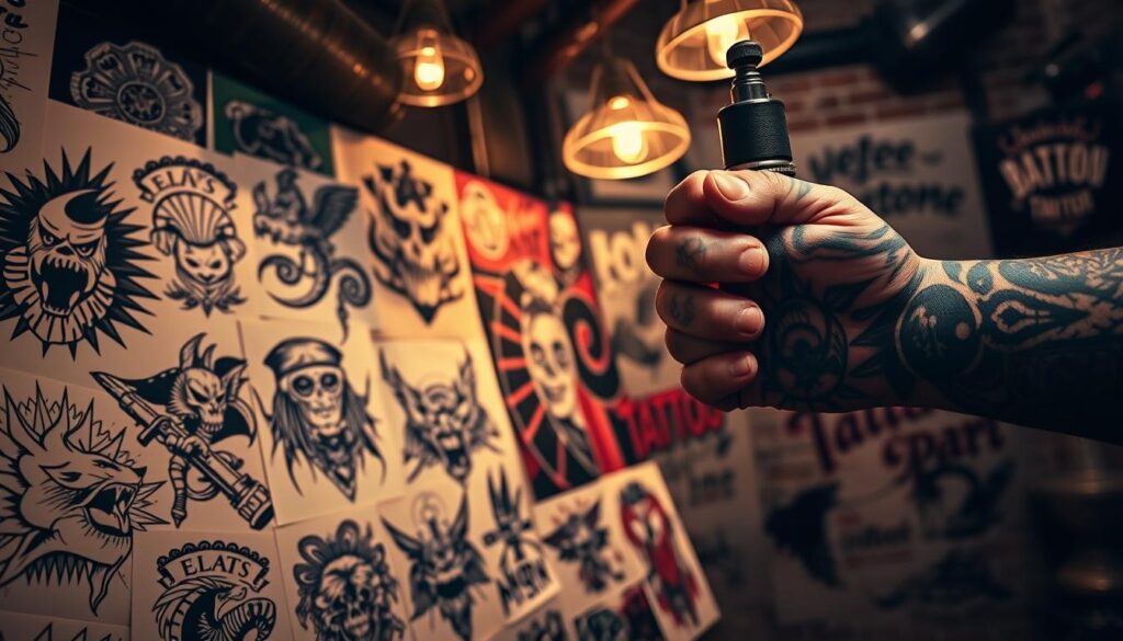 A vivid display of bold, edgy tattoo designs featuring intricate linework, striking contrasts, and a gritty, urban aesthetic. The foreground showcases an array of tattoo flash designs, including bold geometric patterns, fierce animal motifs, and bold script lettering. The middle ground features a tattooed hand holding a tattoo gun, casting a dramatic shadow. The background depicts a dimly lit tattoo parlor setting, with exposed brick walls, vintage industrial lighting, and a sense of edgy sophistication. The overall mood is one of bold, rebellious self-expression, capturing the essence of the "baddie tattoo" aesthetic.