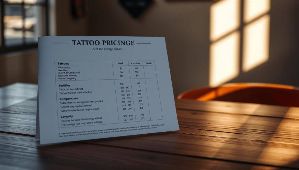 A well-designed tattoo pricing guide displayed on a wooden surface, with a natural light source casting warm shadows across the scene. The guide features a clear, organized layout with detailed pricing information for various tattoo sizes and complexities, conveying a sense of professionalism and transparency. The background is slightly blurred, focusing the viewer's attention on the guide itself, which is presented in a clean, minimalist style to complement the overall atmosphere of the image.