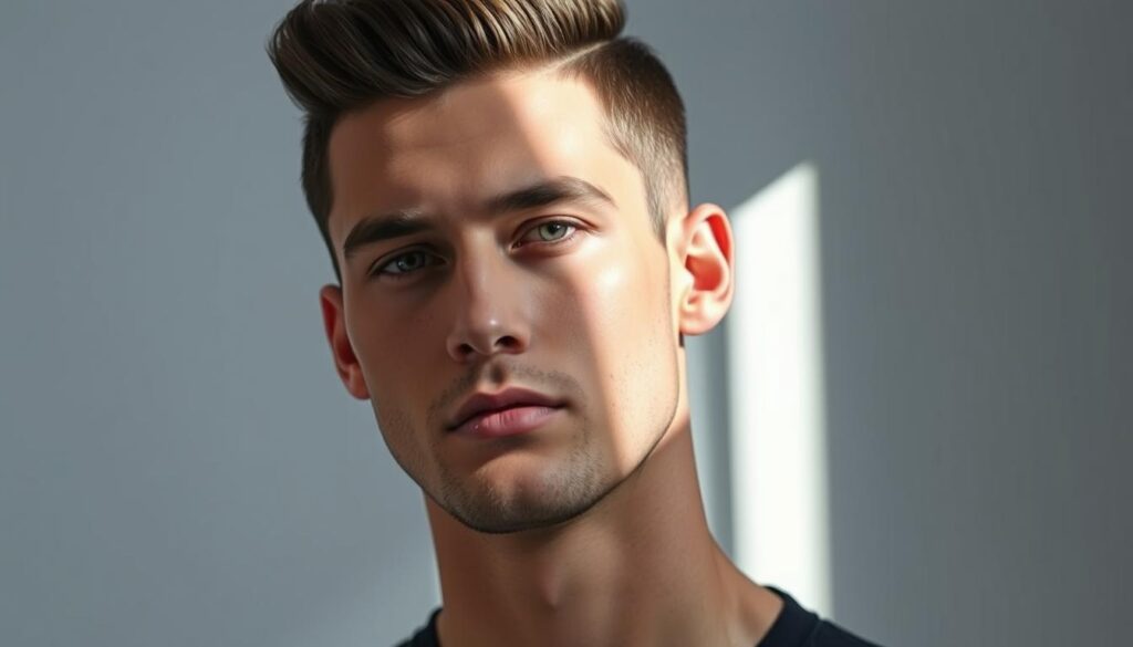 A well-groomed male model in a sleek, contemporary two-block haircut, styled with a subtle side part and textured volume. Vibrant lighting from the front, creating distinct shadows and highlights that accentuate the clean lines and geometric shapes of the hairstyle. The subject is positioned in a minimalist, modern setting, allowing the focal point to be the expertly crafted, on-trend men's hairstyle.