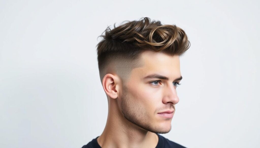 A well-groomed man with a French crop hairstyle stands against a clean, minimalist background. His hair features a textured, disheveled look on top, gradually fading into neatly trimmed, faded sides. The lighting is soft and flattering, accentuating the dynamic texture and shape of the cut. The overall aesthetic is modern, stylish, and professional, capturing the essence of the "French Crop Fade" hairstyle.