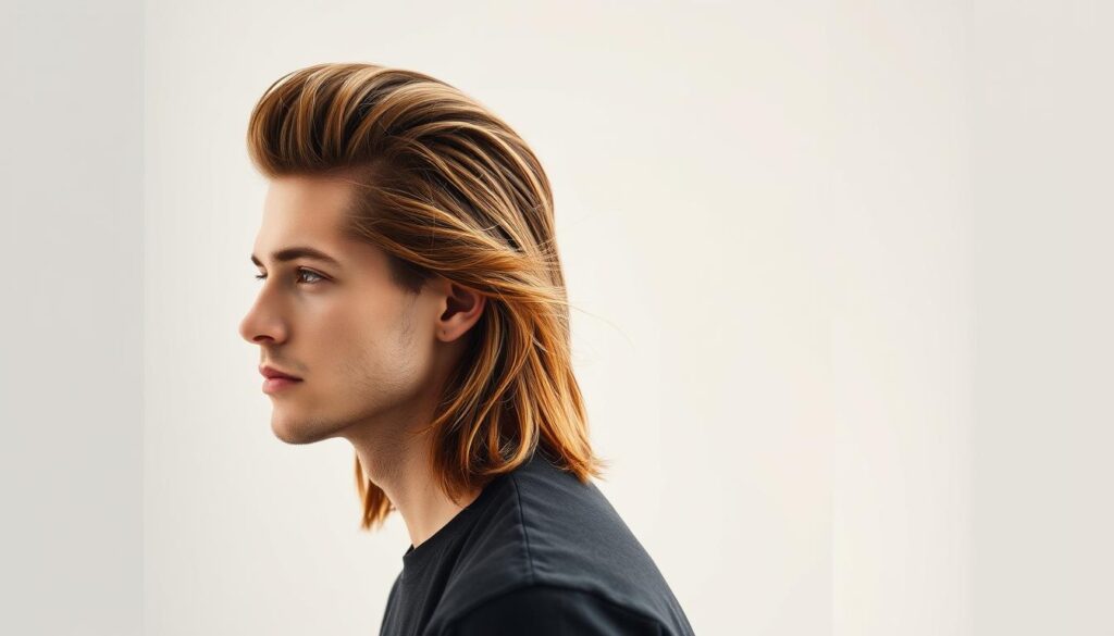 A well-groomed modern mullet with a precise taper fade. The hair flows in layers, with the top and sides neatly trimmed, creating a striking contrast. The fade blends seamlessly from the shorter sides to the longer, textured top. Warm, natural lighting illuminates the look, highlighting the depth and dimension of the hairstyle. The model exudes confidence and a stylish, forward-thinking aesthetic. Captured in a clean, minimalist studio setting, the image showcases the harmonious balance and technical mastery of the mullet taper fade.