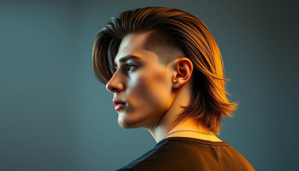 A well-groomed modern mullet with a sharp taper fade, captured in a sleek, stylish lighting setup. The hair on the crown and back is longer, flowing effortlessly, contrasted by the closely cropped sides and nape. The fade transitions seamlessly from skin-tight to gradually longer lengths, creating a sophisticated, contemporary silhouette. Highlighted by a warm, directional lighting that emphasizes the textural details and dimensional volume of the hairstyle. Photographed at a slight angle to showcase the dynamic layers and smooth gradients of the taper fade mullet in a refined, editorial manner.