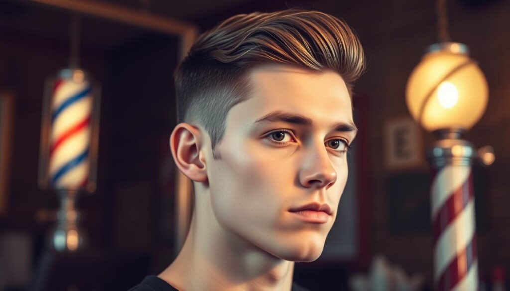 A well-groomed young man with a classic French crop hairstyle stands in a dimly lit barbershop, his features illuminated by the warm glow of a vintage barber pole. The hair on the sides and back is closely cropped, fading seamlessly into the longer length on top, which is styled with a slight wave and a hint of texture. The model's expression is calm and confident, reflecting the timeless elegance of this quintessential men's haircut. Soft, directional lighting casts subtle shadows, accentuating the contours of the face and the subtle details of the French crop style.