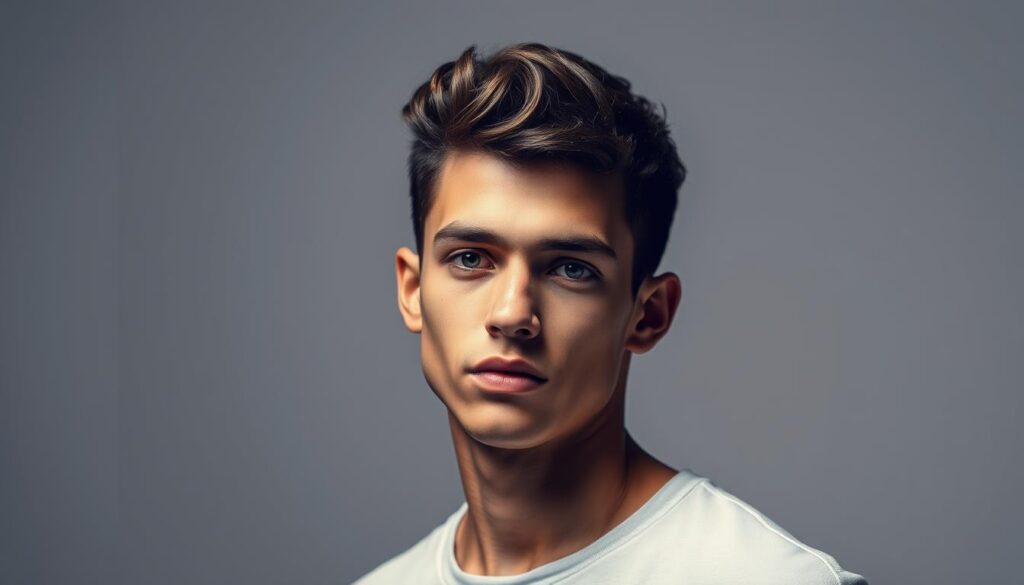 A well-groomed young man with a versatile crop hairstyle stands confidently against a minimalist backdrop. His short, textured cut frames his face elegantly, showcasing the signature French top aesthetic. The lighting is soft and directional, creating subtle shadows that accentuate the model's features. The composition places the subject in the center, allowing the viewer to focus on the stylish, sophisticated haircut. The overall mood is one of effortless chic, reflecting the essence of the French top cut.