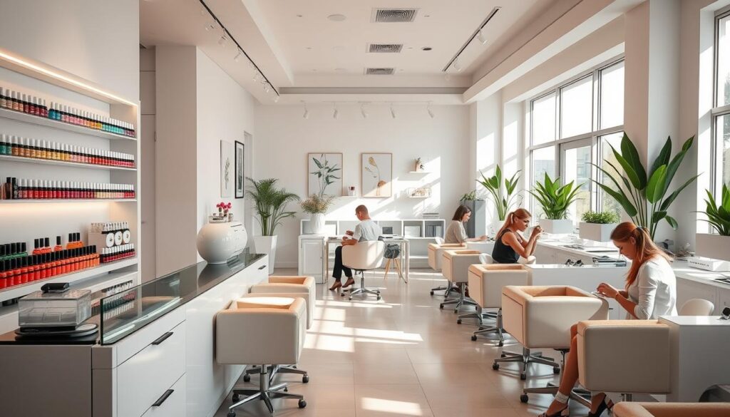 A well-lit, airy nail salon interior with a chic, contemporary design. The front features a sleek reception desk and display shelves showcasing an array of nail polish bottles in vibrant colors. In the middle ground, clients sit comfortably at manicure stations, their hands resting on plush armrests as technicians meticulously work on their nails. The background is adorned with minimalist wall decor, potted plants, and natural lighting streaming through large windows, creating a serene and relaxing ambiance. The overall aesthetic conveys a sense of professionalism, attention to detail, and a commitment to providing a luxurious nail care experience.