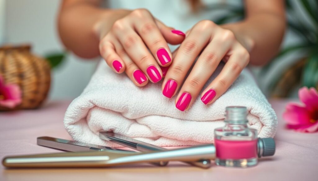 A well-lit and meticulously detailed close-up of a set of neatly manicured hands, freshly painted with a vibrant hot pink nail polish. The nails are shaped and buffed to perfection, reflecting the light in a glossy sheen. In the foreground, an array of high-quality nail care tools, including a nail file, cuticle pusher, and a small bottle of moisturizing hand cream. The middle ground features a pastel-colored towel or cloth, creating a soft, feminine backdrop. The background is blurred, suggesting a serene, spa-like atmosphere, with subtle hints of greenery or other natural elements to evoke a sense of summer. The overall mood is one of relaxation, self-care, and the celebration of the latest hot pink nail trend.