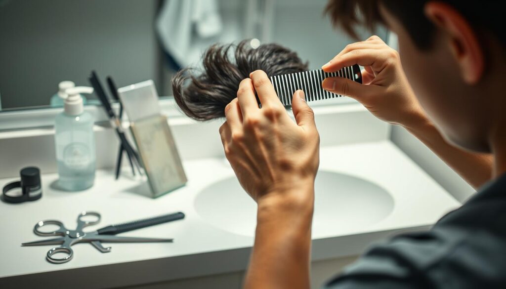 A well-lit bathroom countertop with various grooming tools neatly arranged - high-quality scissors, a fine-toothed comb, a spray bottle filled with water, and a small mirror propped up. The lighting is soft and flattering, creating a serene, focused atmosphere. In the foreground, a young person's hands gently comb through their dark, textured hair, carefully examining the length and considering the ideal cut. The background is blurred, keeping the attention on the preparation process. The overall scene conveys a sense of thoughtful introspection and anticipation, setting the stage for the perfect eboy haircut.
