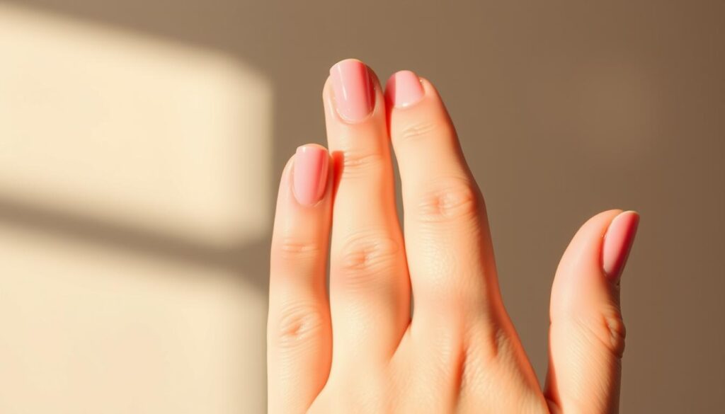 A well-lit, close-up image of a female hand against a soft, neutral background. The fingers are manicured with a natural, healthy-looking pink French tip almond-shaped nails. The nails are the focal point, showcasing common nail care mistakes to avoid, such as chipped polish, uneven filing, cuticle overgrowth, and hangnails. Warm, directional lighting casts subtle shadows, emphasizing the nail and hand textures. The composition is balanced, with the hand positioned slightly off-center, allowing negative space to draw the eye to the nails. The overall mood is serene and inviting, encouraging the viewer to examine the details and learn from the nail care tips.