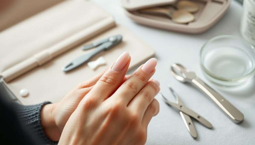 A well-lit close-up of a person's hands performing a nail care routine. The fingers are delicately holding a nail file, gently shaping the nails into a stylish stiletto shape. In the background, a neutral-toned manicure set with high-quality tools such as a cuticle pusher, nail clippers, and a small bowl of warm water. The lighting is soft and diffused, creating a calming, spa-like atmosphere. The focus is on the precision and attention to detail required for a flawless stiletto nail look, highlighting the common mistakes to avoid, such as over-filing or improper cuticle care.