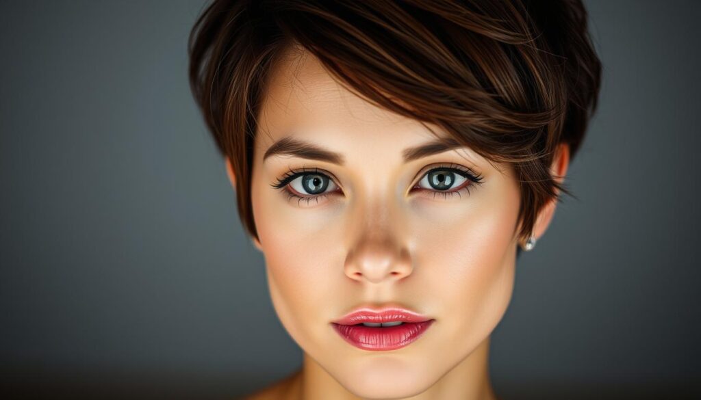 A well-lit, close-up portrait of a person with a stylish, short hairstyle. The subject's face is positioned in the center, with the hair textured and voluminous, framing their features. The lighting is soft and flattering, casting gentle shadows that highlight the shape and movement of the hair. The background is blurred, keeping the focus on the subject's head and shoulders. The overall mood is one of confidence, sophistication, and the natural beauty of the short hairstyle.
