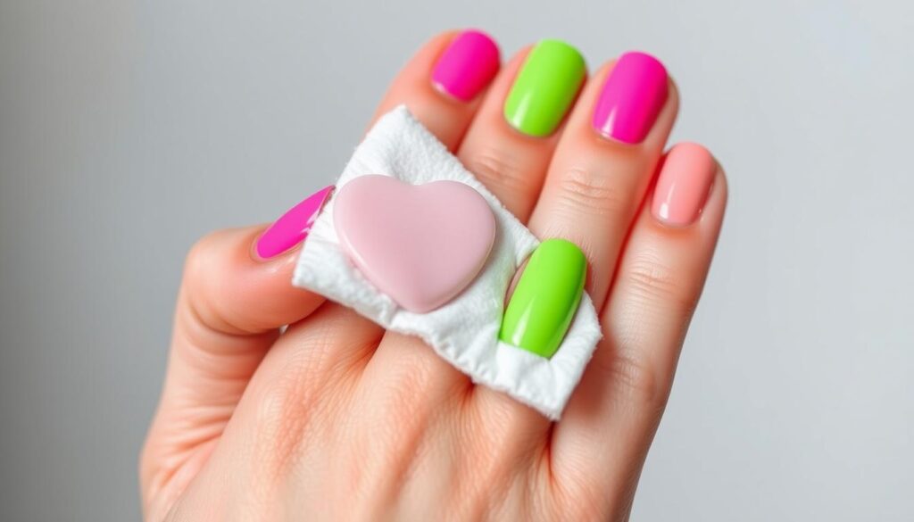 A well-lit close-up shot of a hand gently wiping away neon pink and green nail polish with a cotton pad soaked in remover. The fingers are delicately positioned, revealing the transition from vibrant color to bare nails. Soft, diffused lighting highlights the texture of the skin and the glossy shine of the nail polish being removed. The background is blurred, keeping the focus on the delicate act of cleansing the nails. The overall mood is serene and attentive, conveying the care and attention required to safely remove bold, neon nail art.