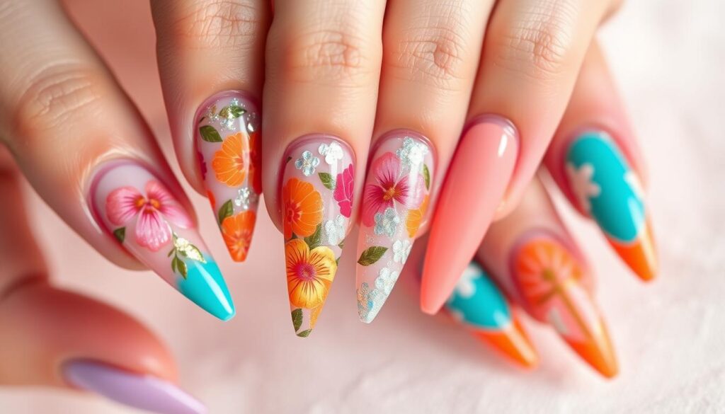 A well-lit closeup of several stylized summer nail designs on neatly manicured hands, featuring intricate floral patterns, shimmering holographic accents, and vibrant tropical colors like pink, orange, and turquoise. The nails are in a chic stiletto shape, the focus of the frame. The lighting is soft and diffused, highlighting the glossy, polished finish. The background is minimalist and neutral, placing the beautiful nail art in the spotlight. The overall mood is elegant, summery, and inspiring, perfectly complementing the "Maintenance Tips for Stiletto Nails" section of the article.