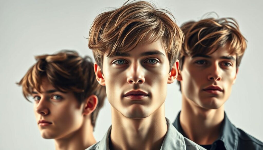 A well-lit, high-definition photograph of a group of stylish men showcasing the trendy curtains haircut. The models have medium-length, slightly shaggy hair that parts evenly down the center, framing their faces in a flattering, symmetric style. The hairstyle has a natural, effortless flow with subtle waves and texture, creating an undone yet polished look. The lighting is soft and diffused, casting gentle shadows that accentuate the models' features and the structure of the hairstyle. The background is clean and minimalist, allowing the haircuts to be the focal point. The overall mood is modern, confident, and fashion-forward, perfectly capturing the revival of this classic men's hairstyle.