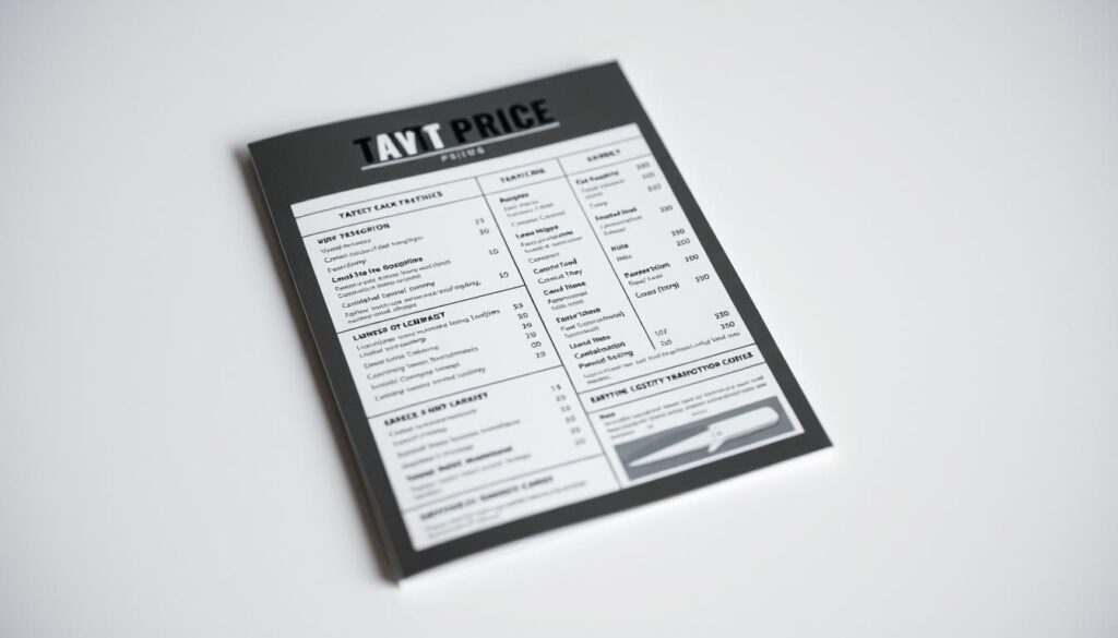 A well-lit, high-resolution, detailed image of a tattoo pricing guide. The guide is presented on a clean, minimalist surface, with a sharp focus on the various pricing tiers and service offerings. The layout is organized and easy to read, with clear delineations between different sections. The overall mood is professional and informative, conveying a sense of trust and transparency. The image is captured from a slightly elevated angle, using a neutral, diffused lighting setup to ensure an even, natural-looking illumination. The focus is crisp, and the depth of field is shallow, allowing the pricing guide to stand out prominently against a softly blurred background.