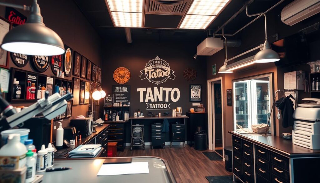A well-lit, professional tattoo studio interior. The foreground features a clean, organized work station with high-quality tattoo equipment and supplies. The middle ground showcases the studio's branding and decor, conveying a sense of style and reputation. The background highlights the studio's attention to cleanliness and safety, with sterile medical-grade surfaces and equipment. Warm, inviting lighting creates a comfortable, trustworthy atmosphere. The overall composition emphasizes the studio's commitment to professionalism, expertise, and customer care.